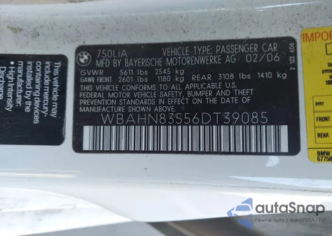 2006 BMW 750Li z USA, uszkodzony, nr VIN WBAHN83556DT39085